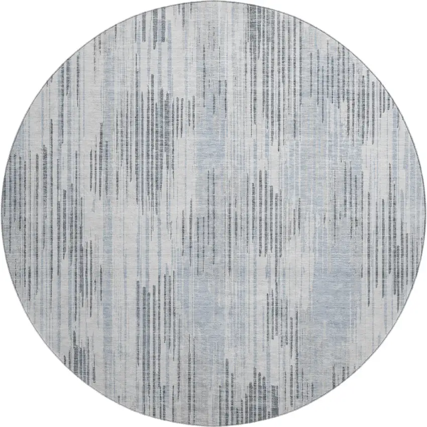 8' Gray And Silver Striped Washable Round Rug With UV Protection Photo 1