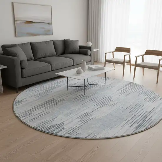 8' Gray And Silver Striped Washable Round Rug With UV Protection Photo 2