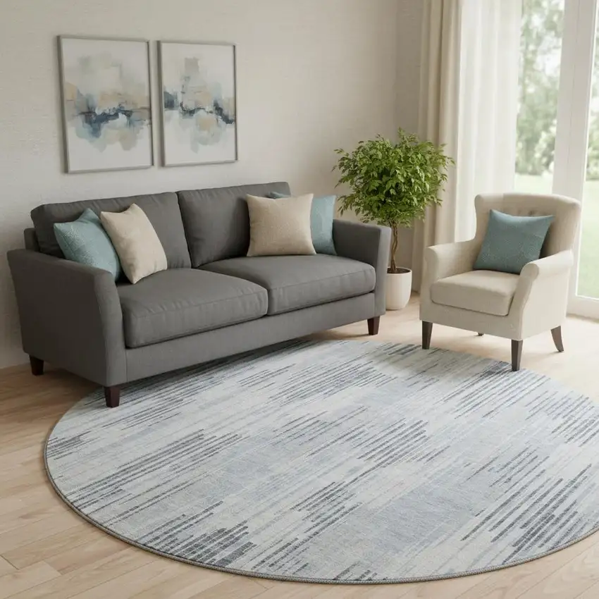 8' Gray And Silver Striped Washable Round Rug With UV Protection Photo 1