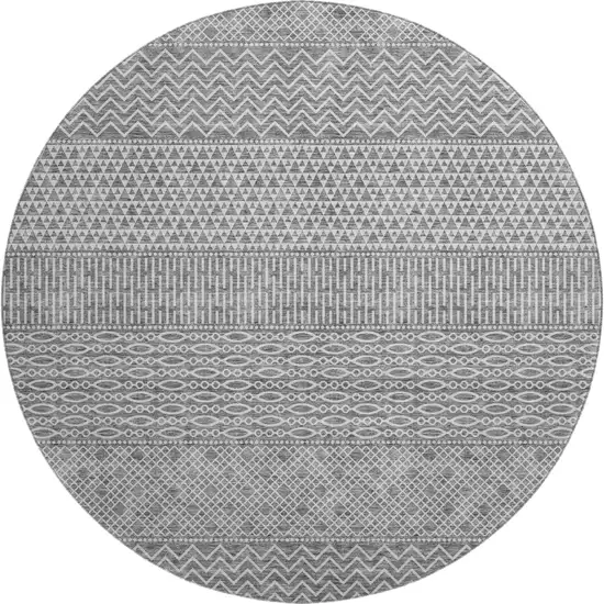 8' Gray And Silver Striped Washable Round Rug With UV Protection Photo 1