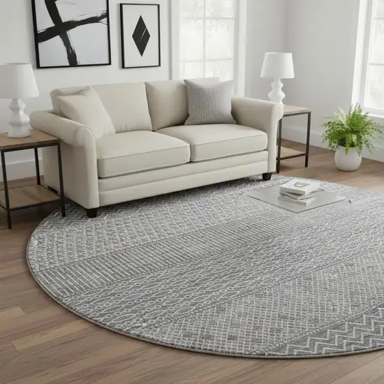 8' Gray And Silver Striped Washable Round Rug With UV Protection Photo 2