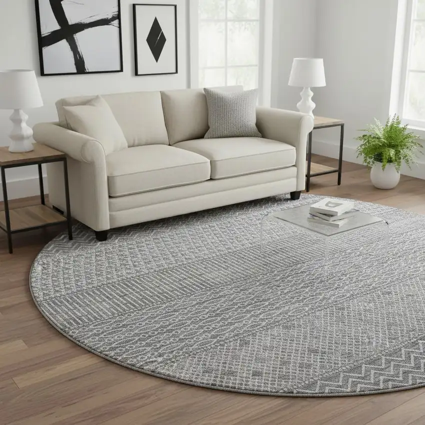 8' Gray And Silver Striped Washable Round Rug With UV Protection Photo 2