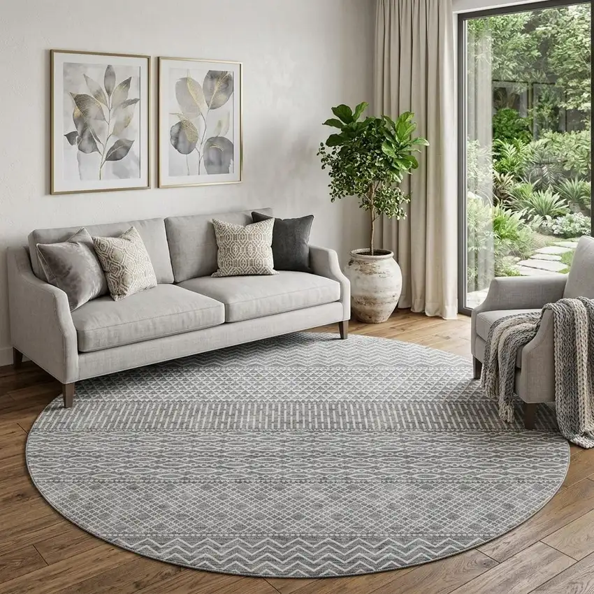 8' Gray And Silver Striped Washable Round Rug With UV Protection Photo 1
