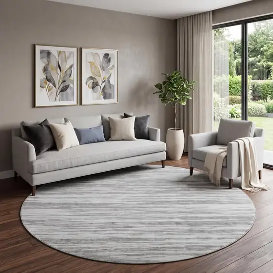 8' Gray And Silver Striped Washable Round Rug With UV Protection Photo 1