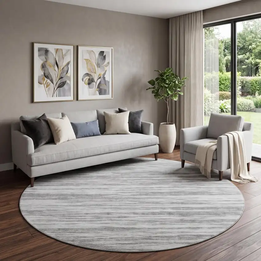 8' Gray And Silver Striped Washable Round Rug With UV Protection Photo 1