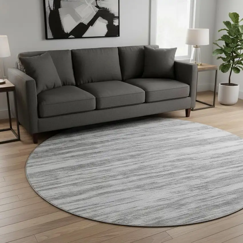 8' Gray And Silver Striped Washable Round Rug With UV Protection Photo 2