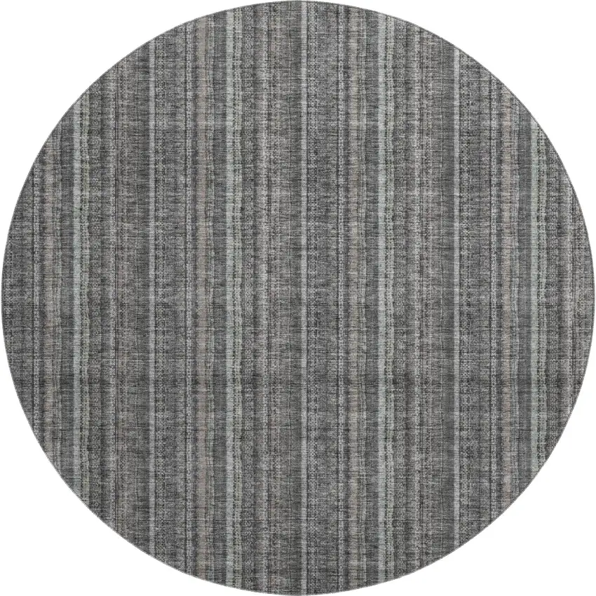 8' Gray And Silver Striped Washable Round Rug With UV Protection Photo 1