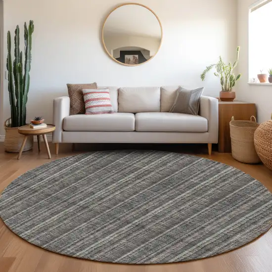8' Gray And Silver Striped Washable Round Rug With UV Protection Photo 4