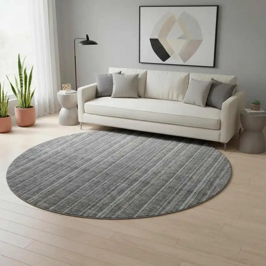 8' Gray And Silver Striped Washable Round Rug With UV Protection Photo 2