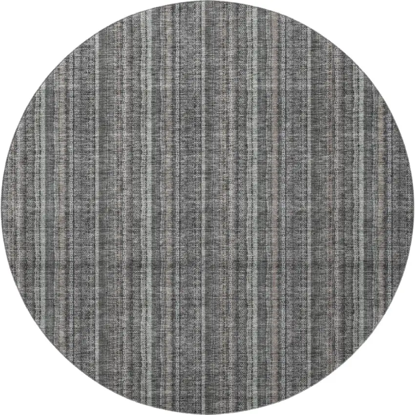 8' Gray And Silver Striped Washable Round Rug With UV Protection Photo 3