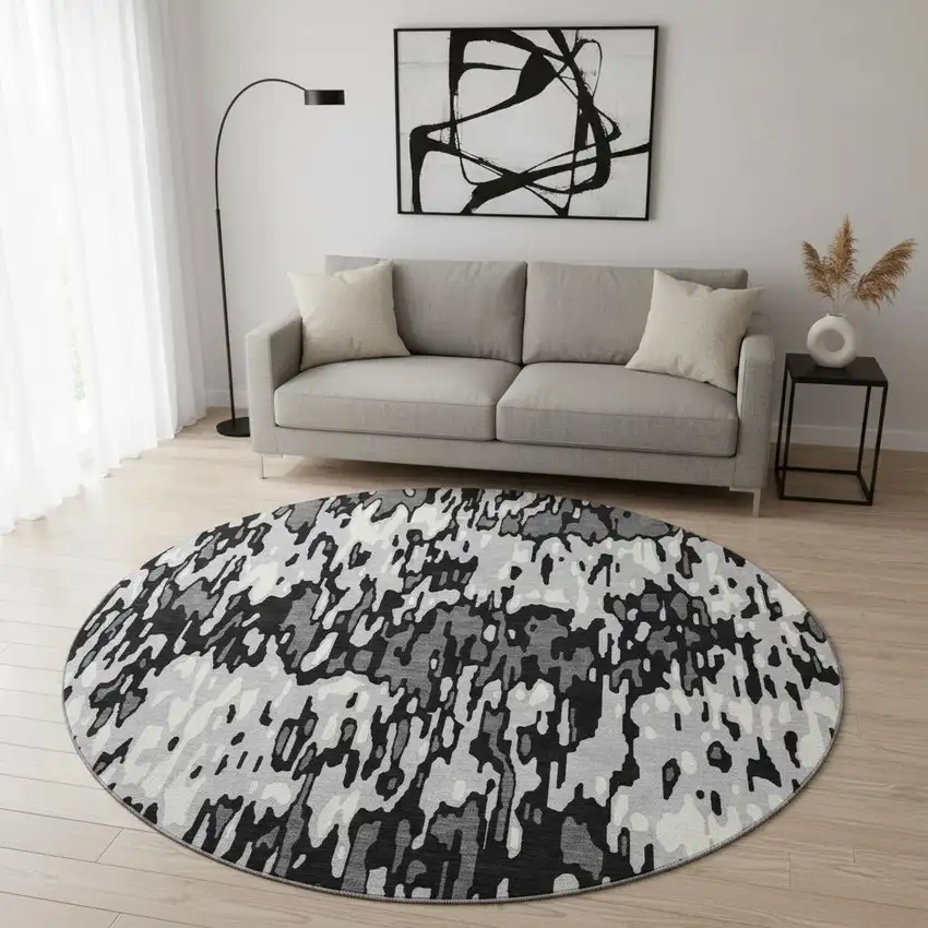 8' Gray And Silver Striped Washable Round Rug With UV Protection Photo 2