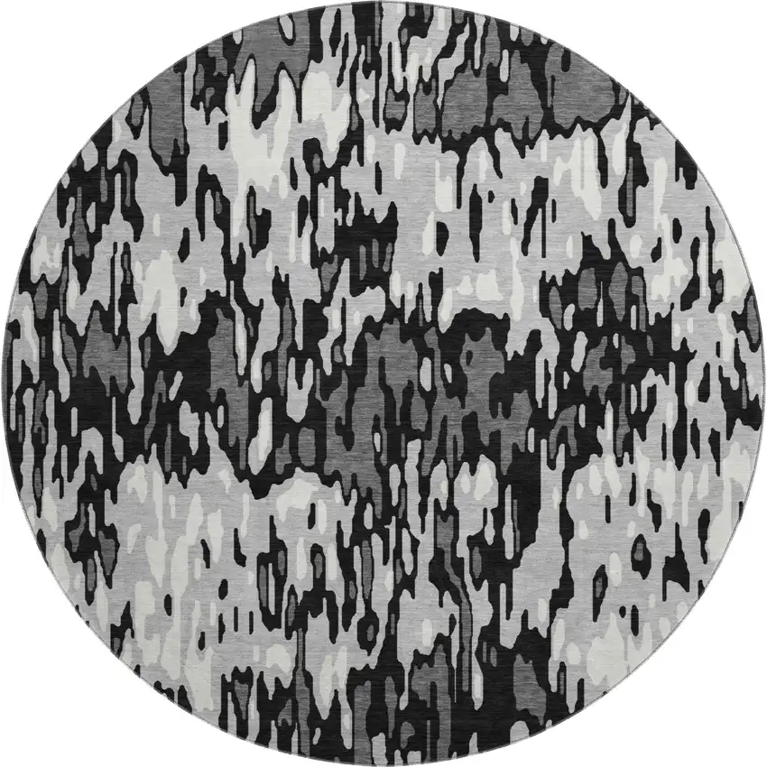 8' Gray And Silver Striped Washable Round Rug With UV Protection Photo 1