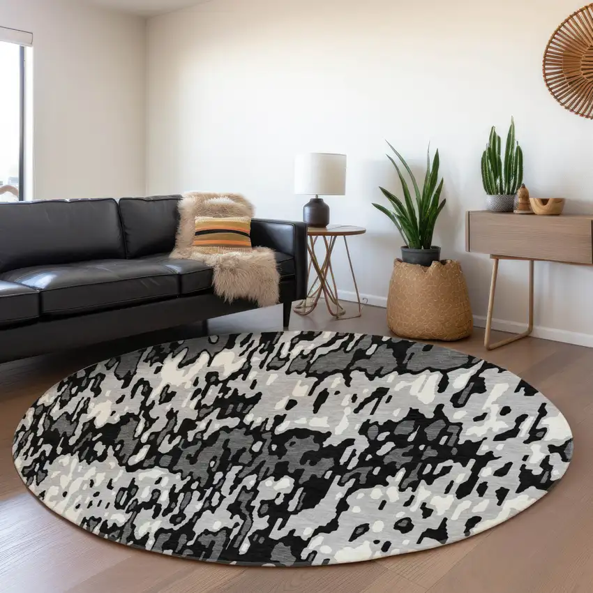 8' Gray And Silver Striped Washable Round Rug With UV Protection Photo 4