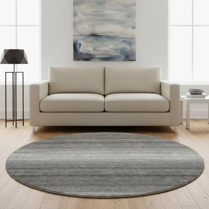 8' Gray And Silver Striped Washable Round Rug With UV Protection Photo 2