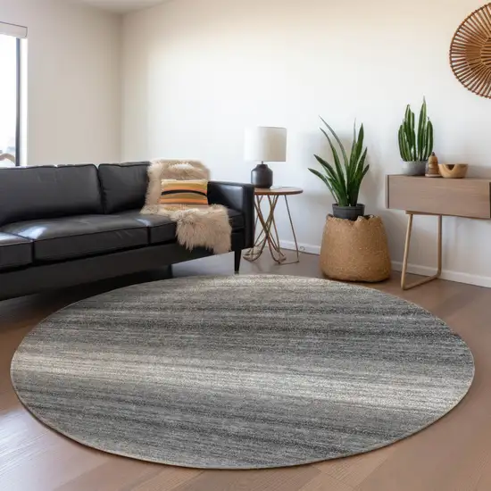 8' Gray And Silver Striped Washable Round Rug With UV Protection Photo 4