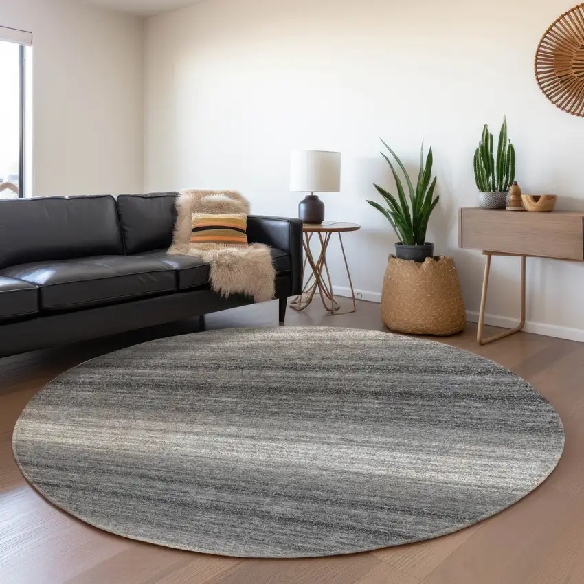 8' Gray And Silver Striped Washable Round Rug With UV Protection Photo 4