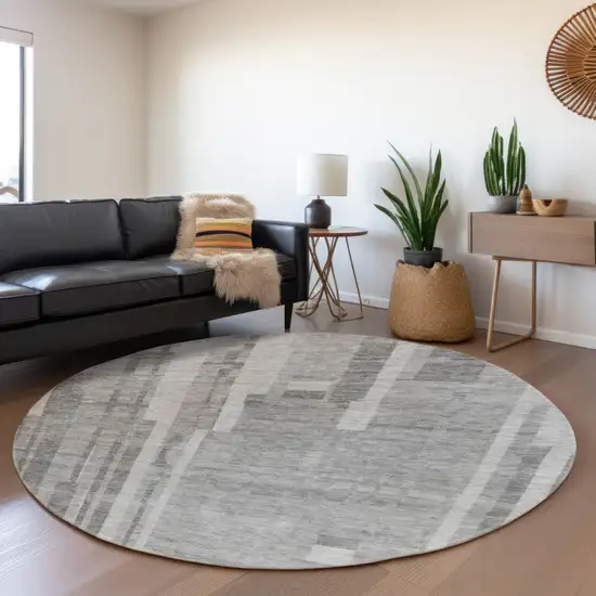8' Gray And Silver Striped Washable Round Rug With UV Protection Photo 4