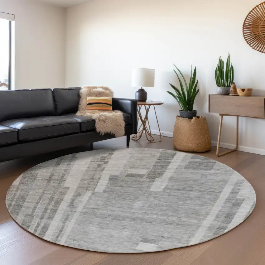 8' Gray And Silver Striped Washable Round Rug With UV Protection Photo 4