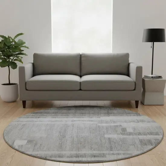 8' Gray And Silver Striped Washable Round Rug With UV Protection Photo 2
