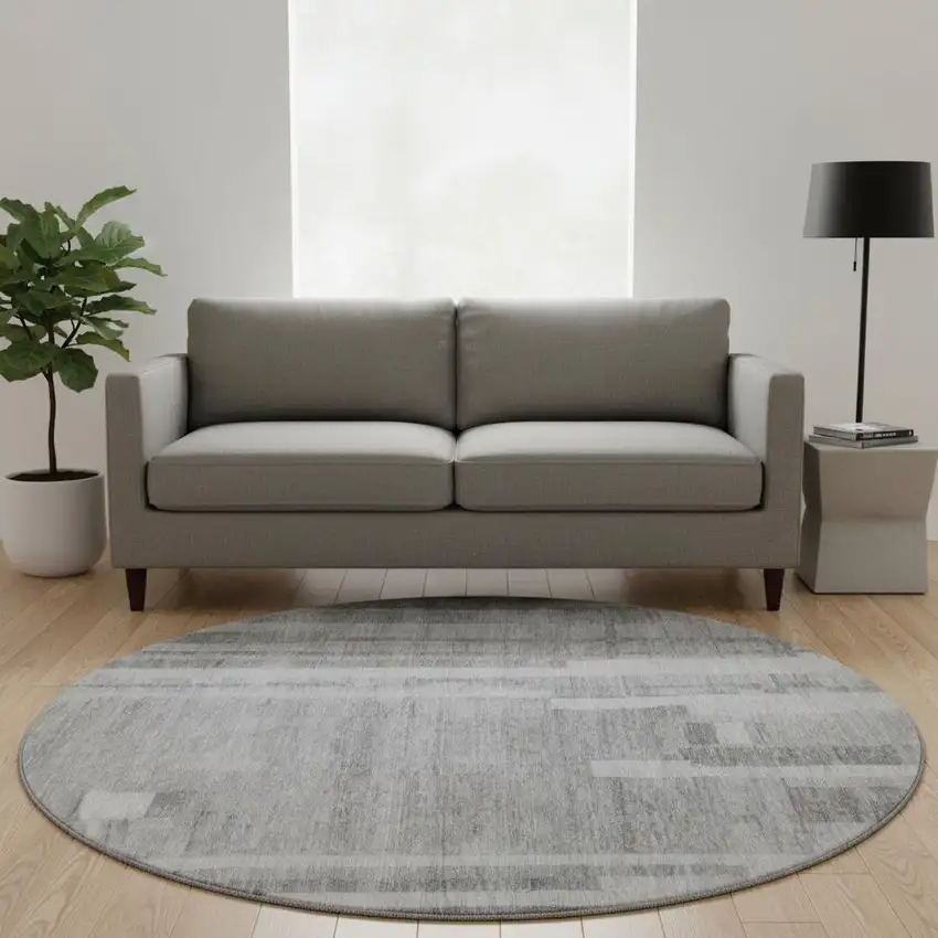 8' Gray And Silver Striped Washable Round Rug With UV Protection Photo 2