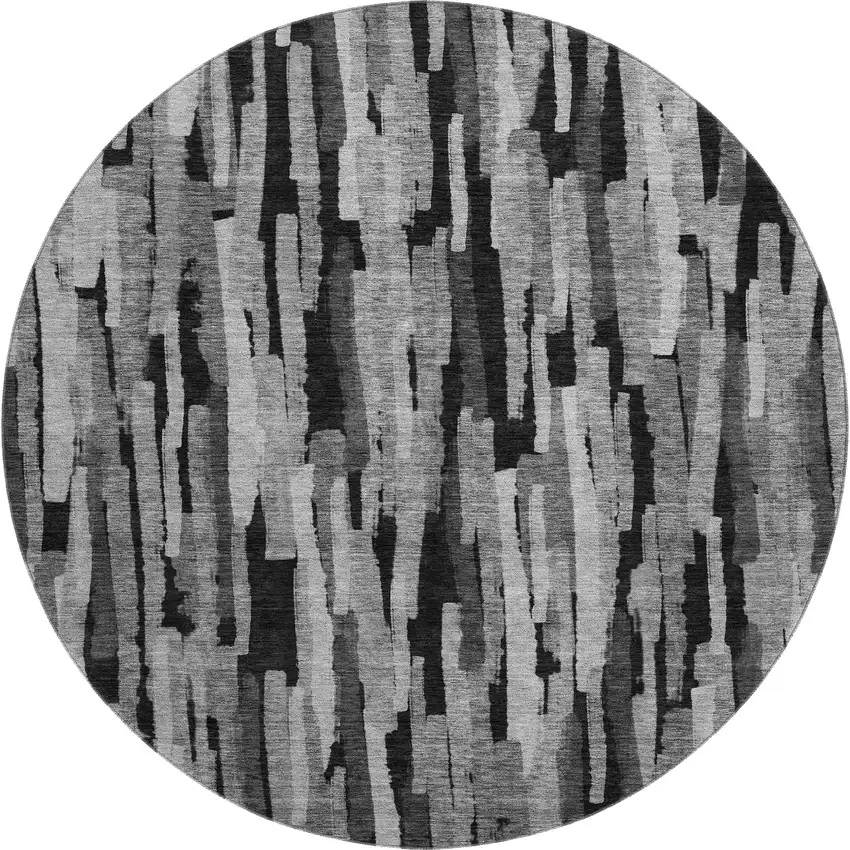 8' Gray And Silver Striped Washable Round Rug With UV Protection Photo 1