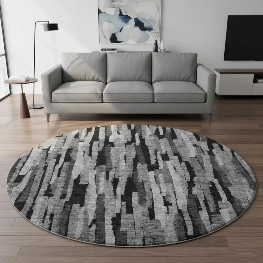 8' Gray And Silver Striped Washable Round Rug With UV Protection Photo 2