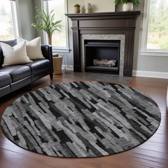 8' Gray And Silver Striped Washable Round Rug With UV Protection Photo 4