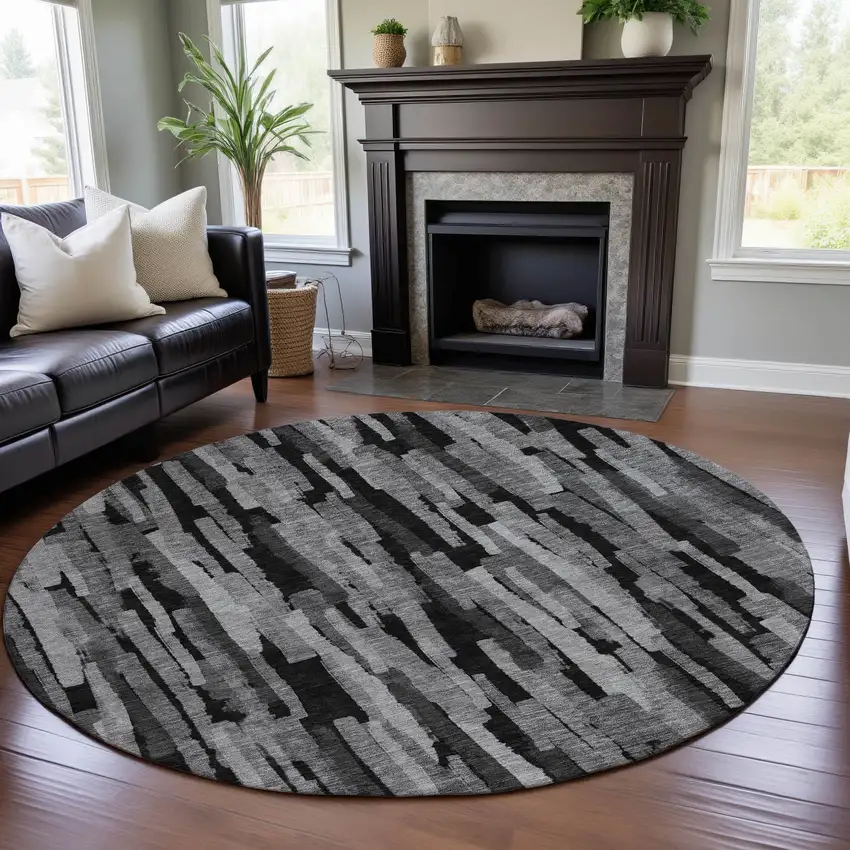8' Gray And Silver Striped Washable Round Rug With UV Protection Photo 4