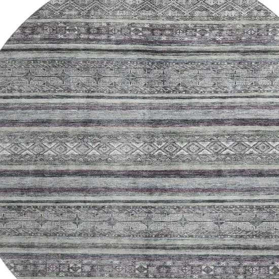 8' Gray And Silver Striped Washable Round Rug With UV Protection Photo 2