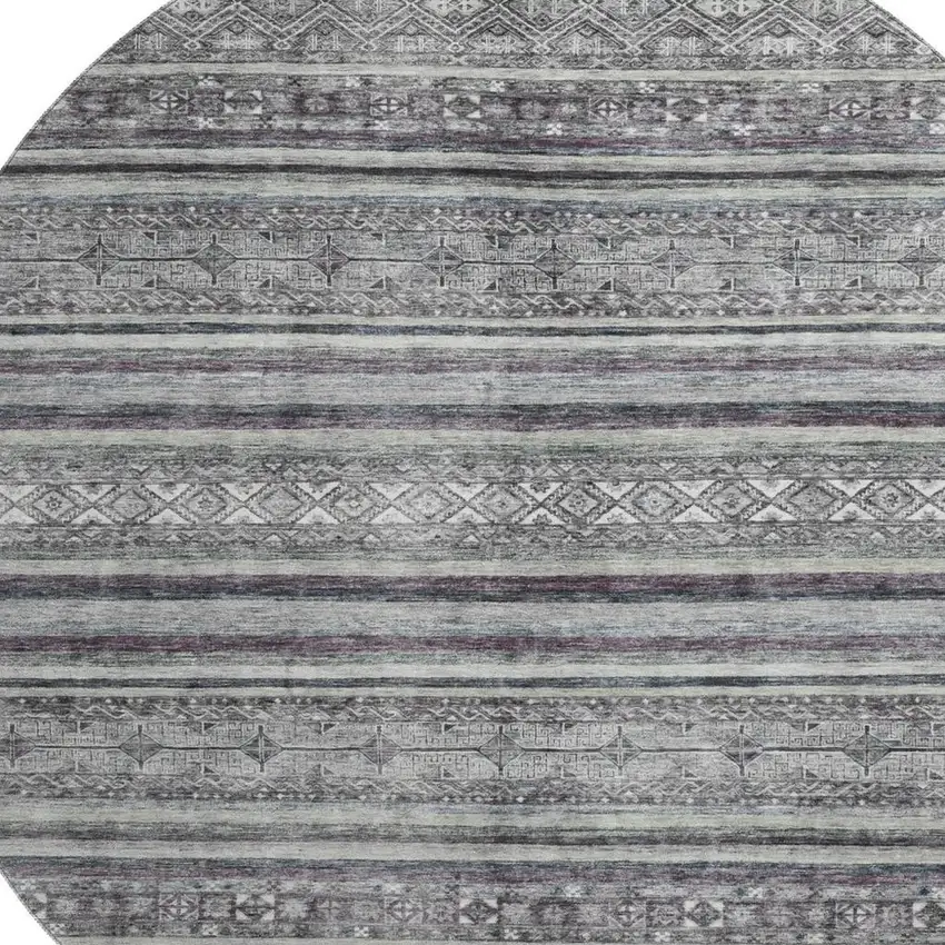 8' Gray And Silver Striped Washable Round Rug With UV Protection Photo 2