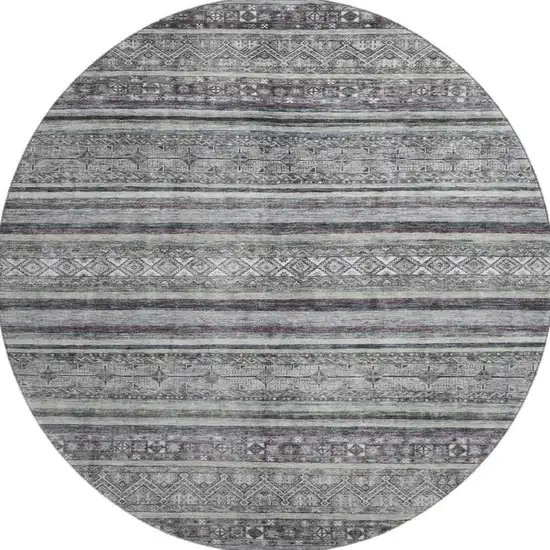 8' Gray And Silver Striped Washable Round Rug With UV Protection Photo 3