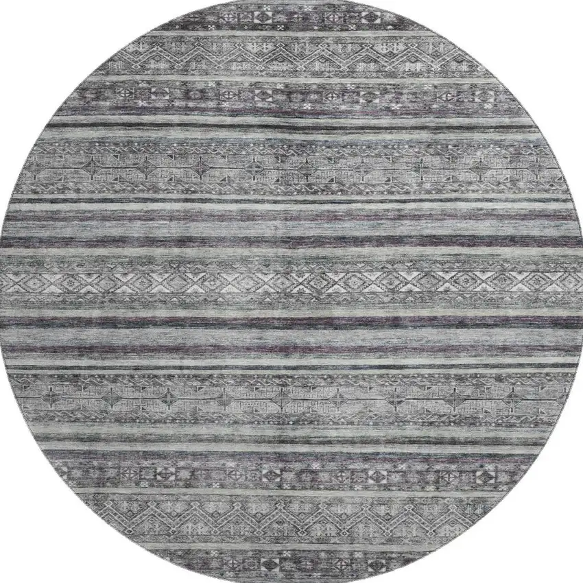 8' Gray And Silver Striped Washable Round Rug With UV Protection Photo 3
