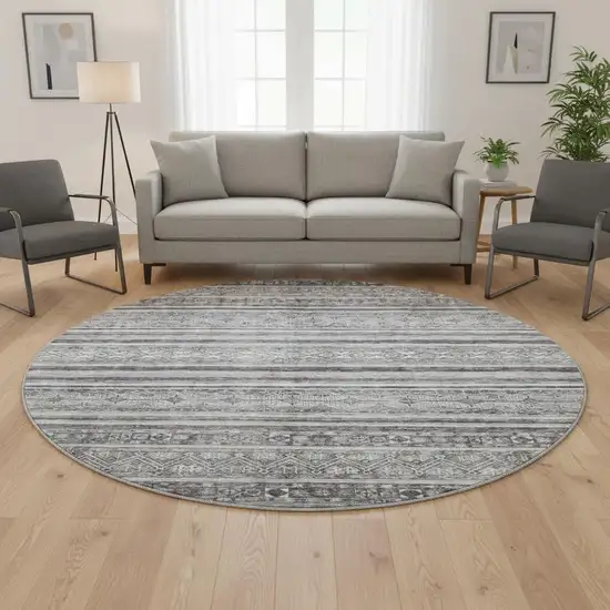 8' Gray And Silver Striped Washable Round Rug With UV Protection Photo 2