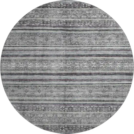 8' Gray And Silver Striped Washable Round Rug With UV Protection Photo 1