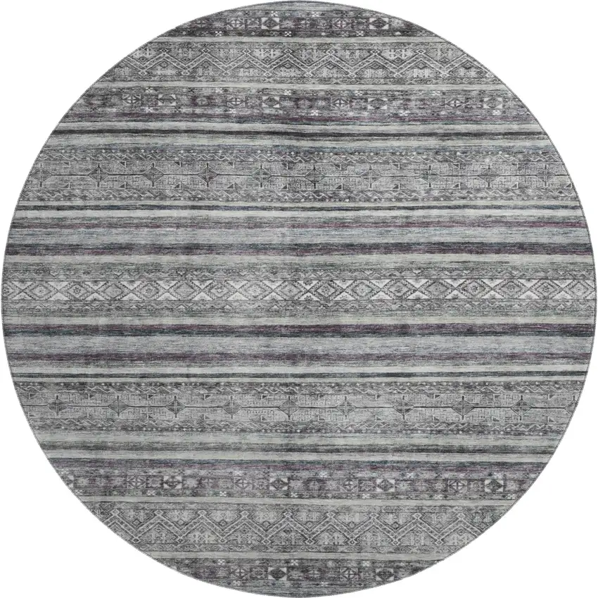 8' Gray And Silver Striped Washable Round Rug With UV Protection Photo 1