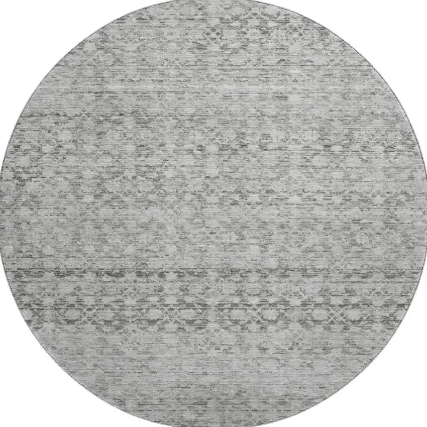 8' Gray And Silver Striped Washable Round Rug With UV Protection Photo 3