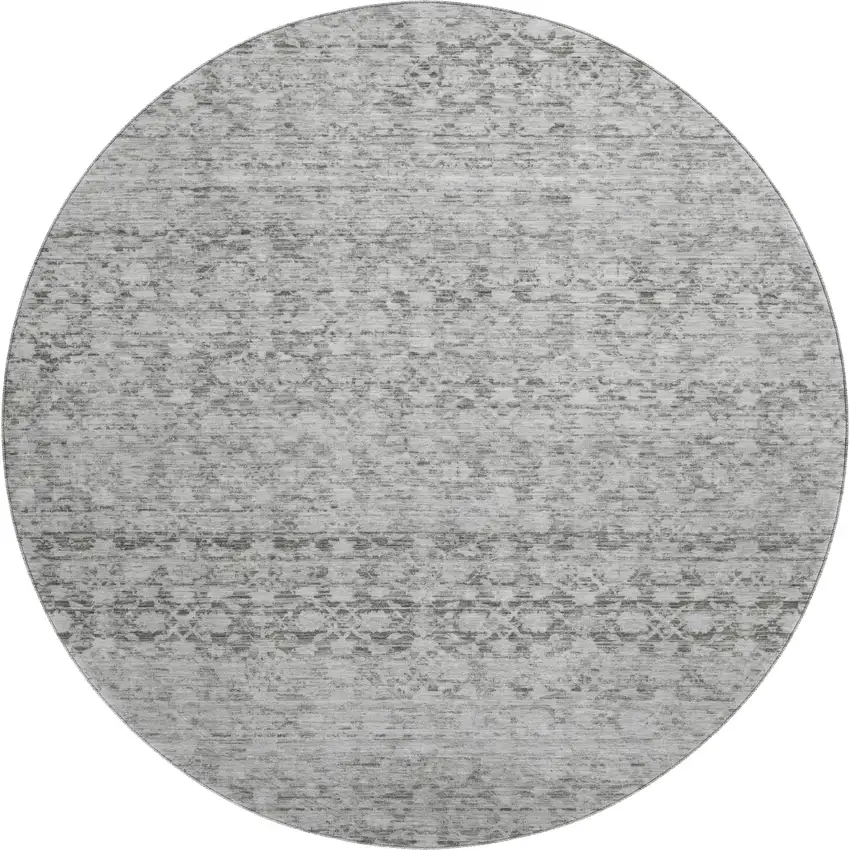 8' Gray And Silver Striped Washable Round Rug With UV Protection Photo 1