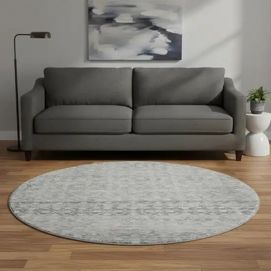 8' Gray And Silver Striped Washable Round Rug With UV Protection Photo 2
