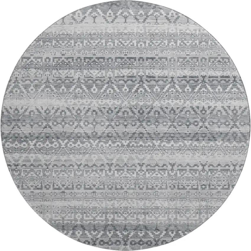 8' Gray And Silver Striped Washable Round Rug With UV Protection Photo 2