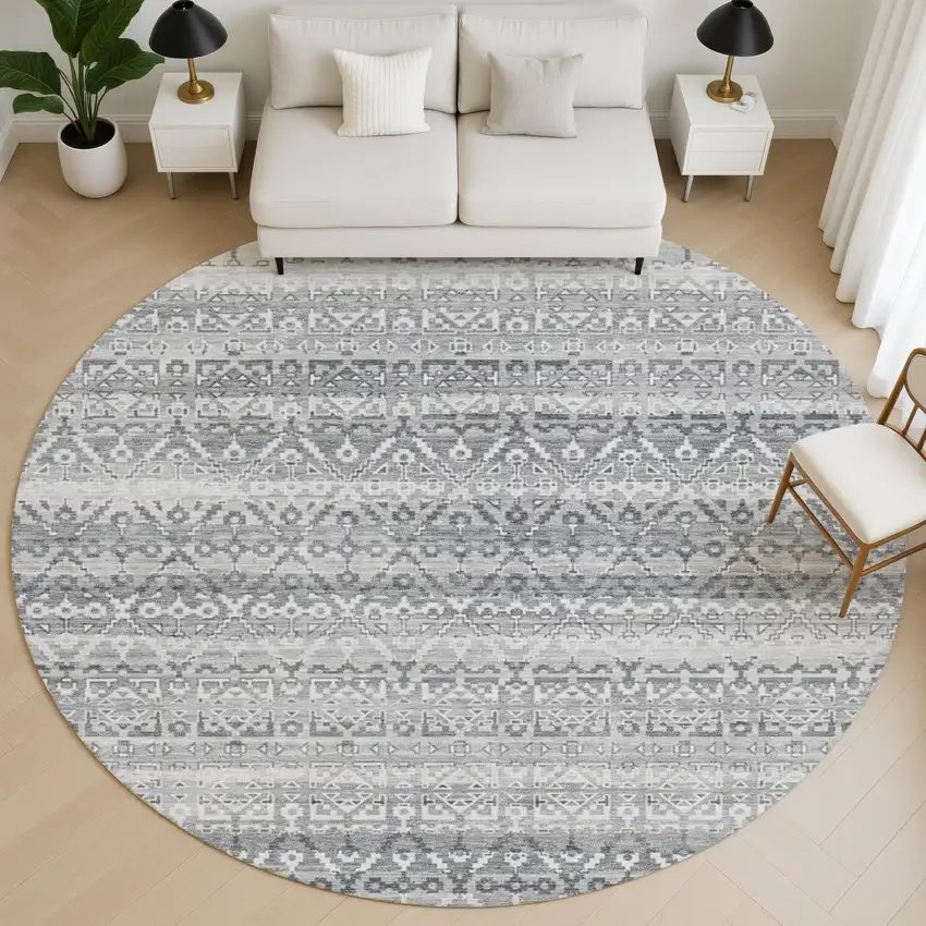 8' Gray And Silver Striped Washable Round Rug With UV Protection Photo 5