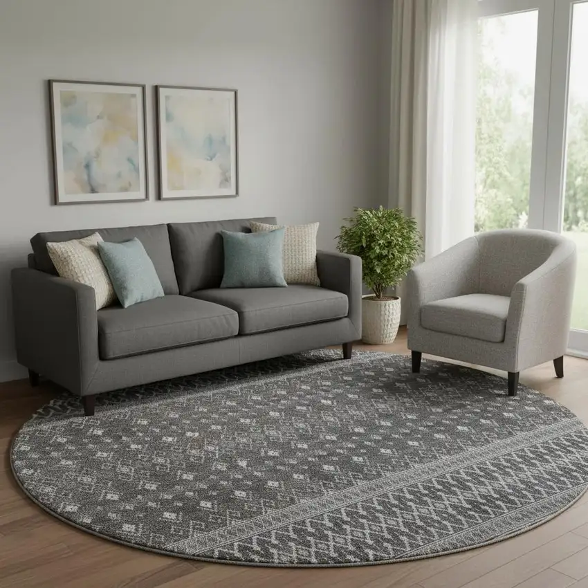 8' Gray And Silver Tribal Washable Round Rug With UV Protection Photo 1