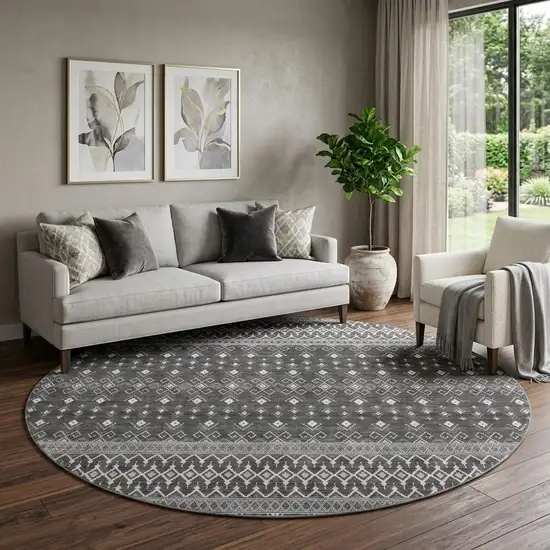 8' Gray And Silver Tribal Washable Round Rug With UV Protection Photo 1