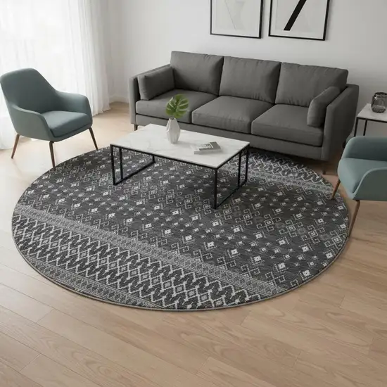8' Gray And Silver Tribal Washable Round Rug With UV Protection Photo 2