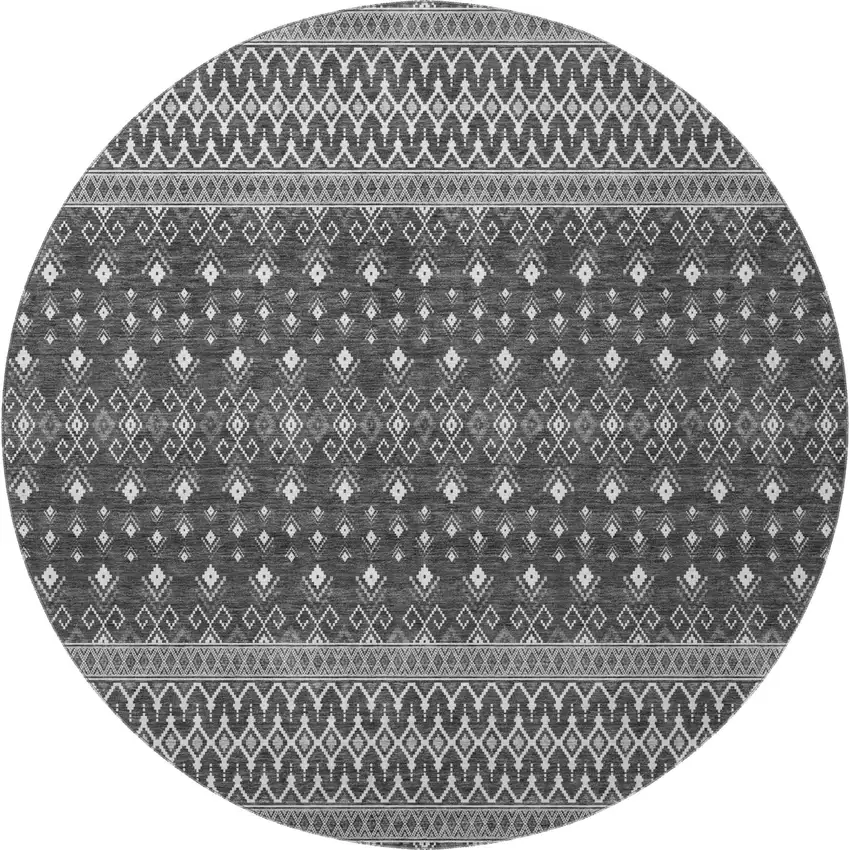 8' Gray And Silver Tribal Washable Round Rug With UV Protection Photo 3