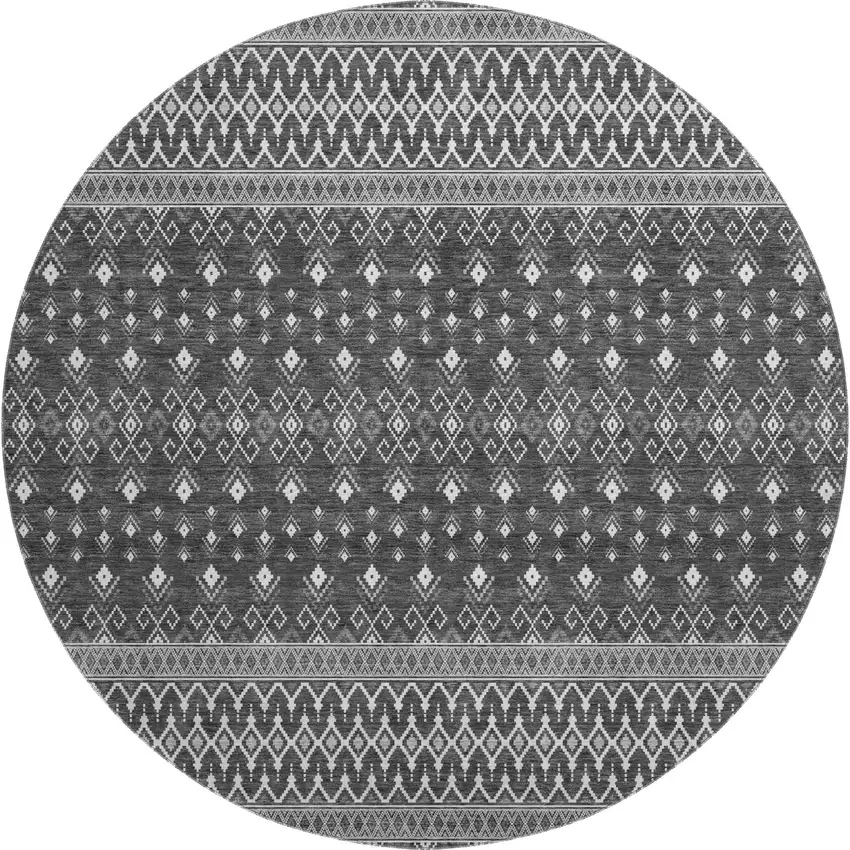 8' Gray And Silver Tribal Washable Round Rug With UV Protection Photo 1