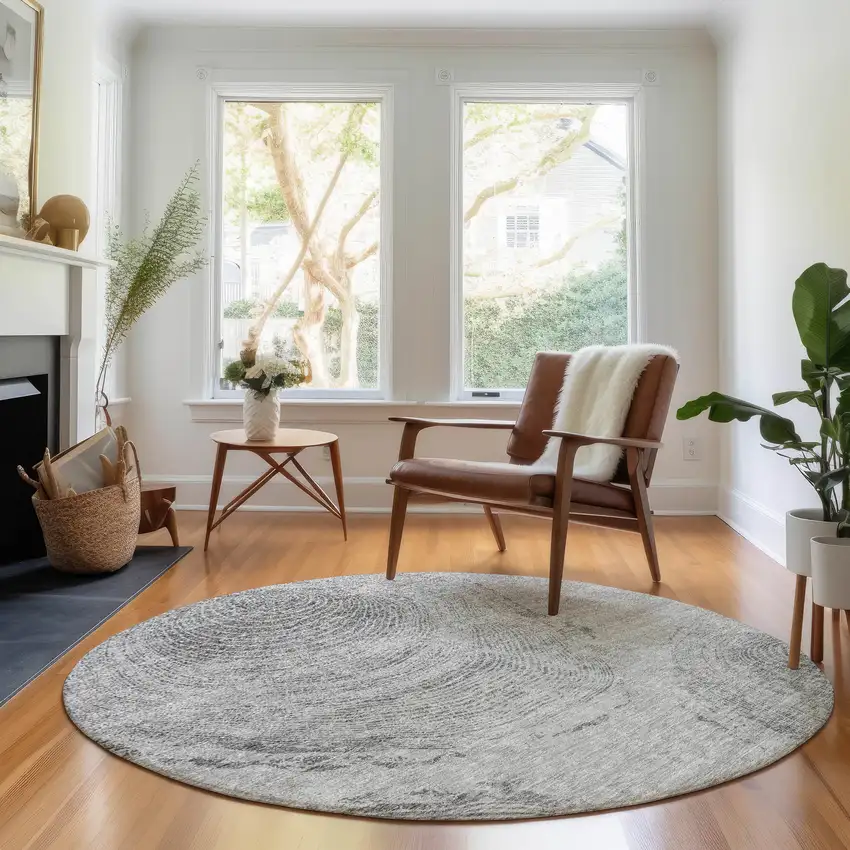 8' Gray And Silver Woodland Lodge Washable Round Rug With UV Protection Photo 3