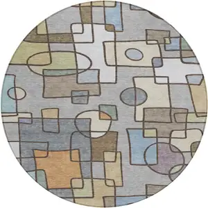 Photo of 8' Gray And Sky Blue Round Geometric Washable Indoor Outdoor Area Rug
