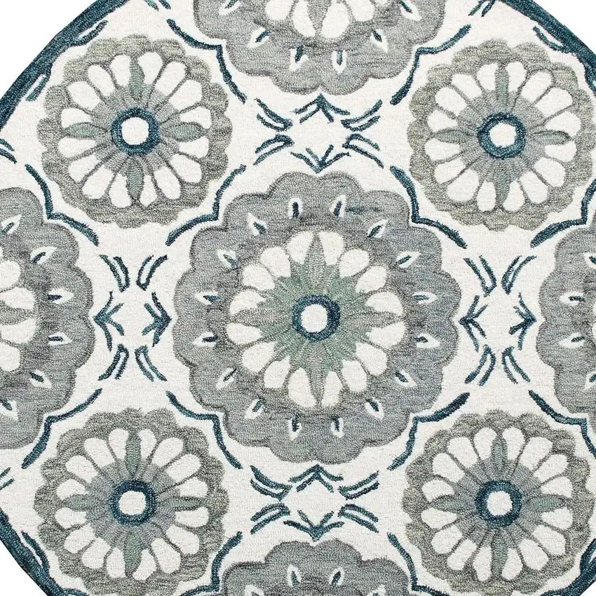 3' Gray And Slate Gray Wool Medallion Hand Tufted Round Rug Photo 4