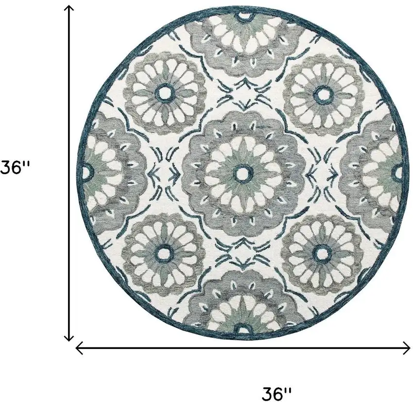 3' Gray And Slate Gray Wool Medallion Hand Tufted Round Rug Photo 3