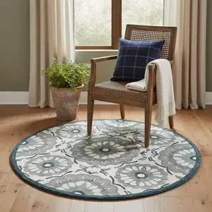 Photo of 3' Gray And Slate Gray Wool Medallion Hand Tufted Round Rug